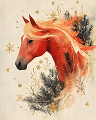 Watercolor illustration of a fiery red horse with flowing mane and tail painted like soft flames, surrounded by snowflakes, pine twigs, and golden stars, in warm festive tones of red, beige, and gold.