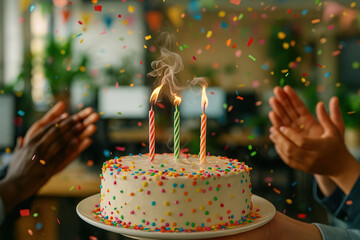 Festive Birthday Celebration with Sprinkled Cake, Lit Candles, Confetti and Applause