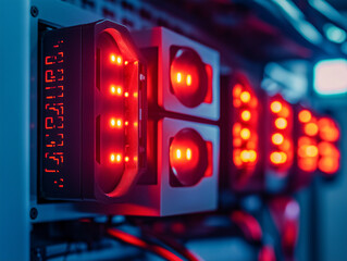 Illuminated server rack components with glowing red indicator lights, suggesting high activity or processing.