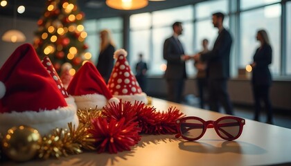 Team members gather around a Christmas tree, smiling and celebrating with gifts, party hats, and holiday cheer