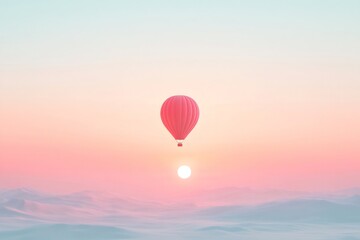 Fototapeta premium Hot air balloon ascending into a clean pastel sky during sunrise or sunset, presenting themes of freedom and adventure