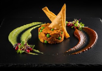 An artfully plated indian dish with vibrant green and red sauces, served with crispy tortilla chips on a dark surface