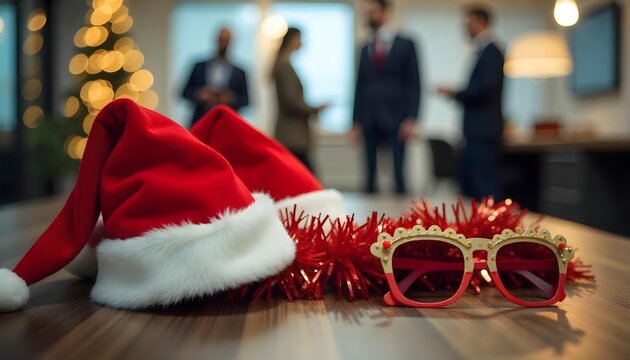 Colleagues stand together around a beautifully decorated Christmas tree, enjoying a festive office celebration with laughter