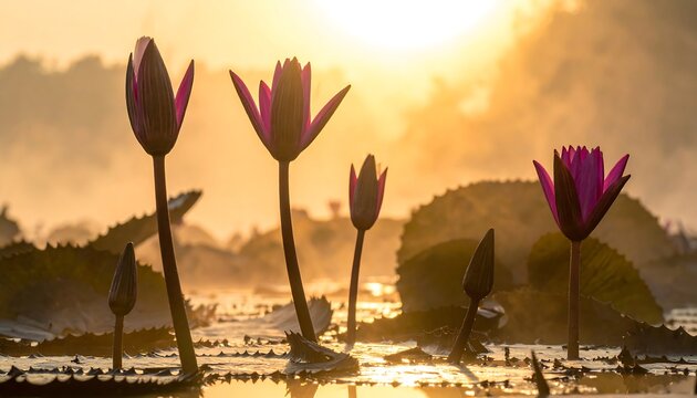 Pink lotus flowers in morning mist