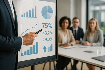 Presenting Financial Performance and Strategies to a Team in a Modern Setting.