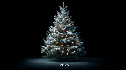 Christmas 2026 tree with lights and snow on black background at night. Concept of Christmas holiday, winter night celebration, New Year 2026 winter holiday celebration