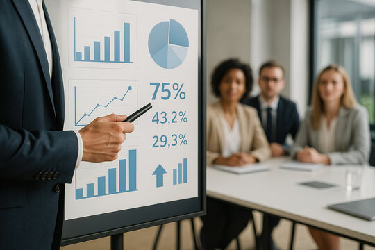 Presenting Financial Performance and Strategies to a Team in a Modern Setting. - Powered by Adobe