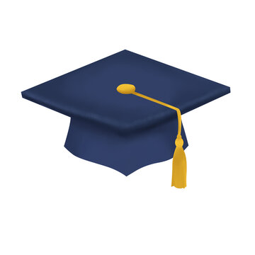 Digital art of a navy graduation cap with a golden tassel, centered on a white background, soft lighting, celebratory mood, no people.
