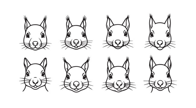Collection of eight expressive hand-drawn squirrel faces offering diverse emotions and poses vector