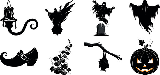 Vector art of collection of halloween silhouette icons including a candle, ghosts, a witch shoe, and a pumpkin