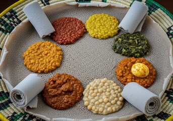 Ethiopian injera platter with various colorful stews and side dishes, served with rolled injera bread