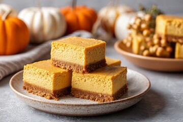 Pumpkin cheesecake bars stacked on ceramic plate with autumn decor in background. Square pumpkin cheesecake bars on a ceramic plate, creamy texture with graham cracker crust