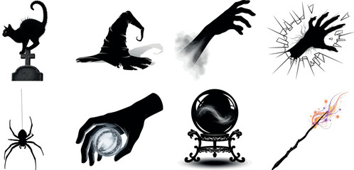Vector art of set of mystical halloween symbols including a black cat, witch hat, zombie hand, magic hand, spider, crystal ball, and wand