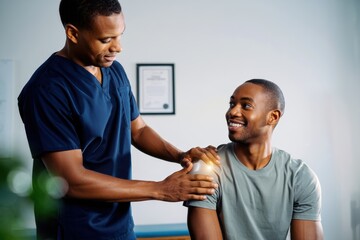 Physical therapist applies shoulder therapy to male client in clinic