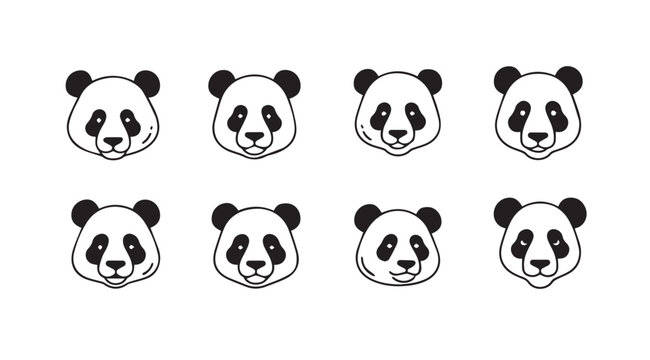 Collection of hand drawn panda bear faces expressing various emotions and styles vector