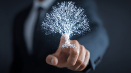Digital tree of connected data glowing above fingertip in business hand, futuristic technology vision inspiring innovation and connection