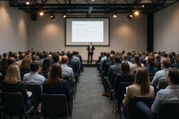 Speaker Addressing an Audience at a Corporate Conference in a Large Hall