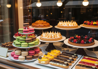 A delicious assortment of french pastries and macarons displayed in a bakery window, featuring colorful macarons, tarts, and cakes