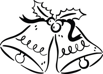 Two decorative bells adorned with holly leaves and ribbon, symbolizing festive celebrations and holiday cheer. Perfect for seasonal decorations and greeting cards