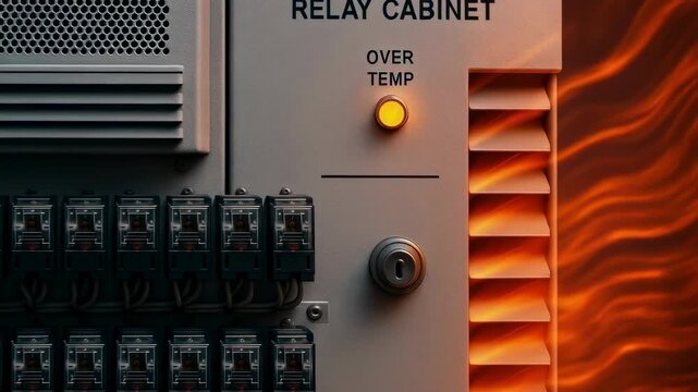 Relay cabinet over temperature warning light glows indicating heat wave impact on infrastructure causing risk of damage and potential failure concern
