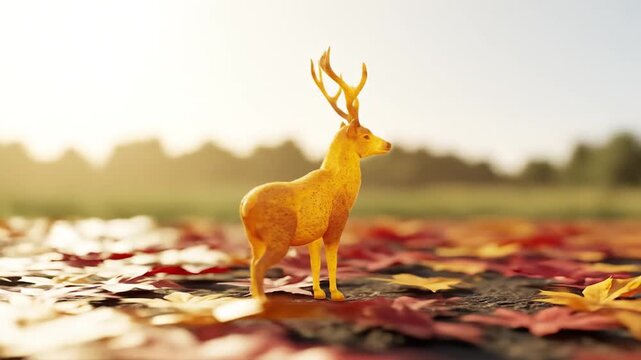 Golden deer stands amidst colorful autumn leaves in natures landscape