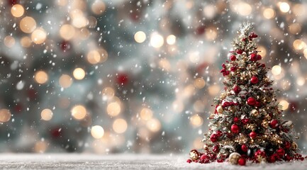 close-up of a christmas tree with red and golden ornaments, with a blurred background of snowflakes falling on the dark pine branches. a concept for a new year's eve celebration.