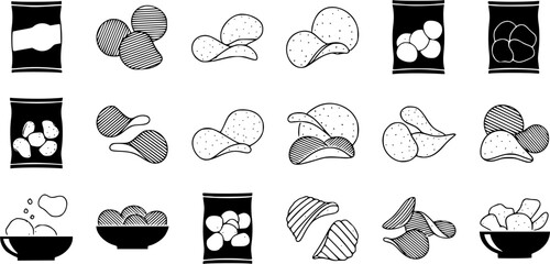 Chips potato icon set. Flat set of chips potato vector icons