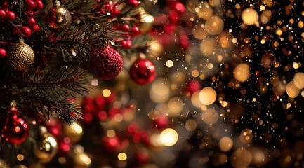 close-up of a christmas tree with red and golden ornaments, with a blurred background of snowflakes falling on the dark pine branches. a concept for a new year's eve celebration.