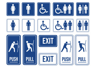Collection of blue and white public information signboards for restroom, accessibility, and exit guidance. Public service concept.
