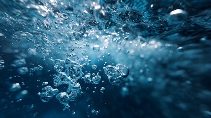 Bubbles rising underwater with a captivating display of light refraction, showcasing fluid movement, transparency, and a gradient of blue hues.