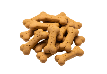 Dog biscuits shaped like bones, set against a white background.
