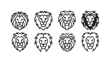 Collection of stylized lion head emblems representing power strength and royalty in graphic style vector