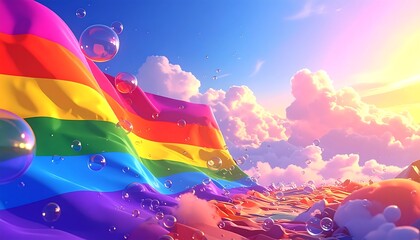 Rainbow flag billowing in a vibrant sky with clouds and bubbles