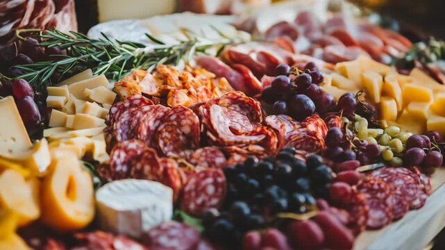 Appetizing charcuterie board with cheese, salami, grapes, and rosemary.