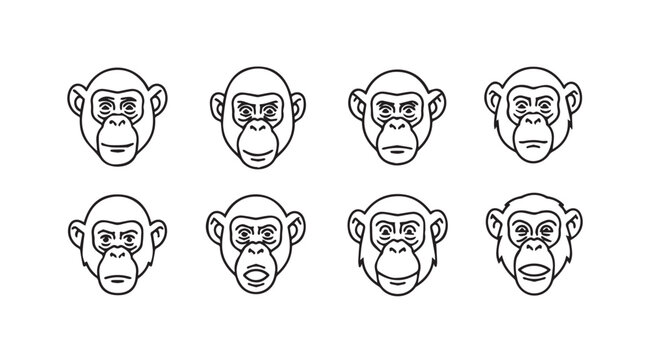 Eight monkey faces expressing different emotions and gestures hand drawn style vector