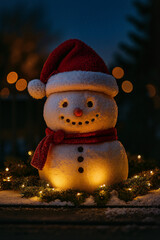 Festive snowman with Santa hat, glowing lights, Christmas joy