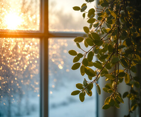 Golden sun streams through a frosted window on a cold winter day. Green leaves in the foreground create contrast between warm indoor light and a cool, snowy view. Cozy, hygge, winter.