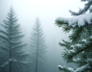 Snowy pine branch in the foreground against a foggy, misty winter forest of faded evergreens. Cold, serene, monochromatic, nature, wilderness.