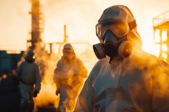 Hazmat team performs duties in protective suits and gas masks, combating extreme heat and hazardous fumes at an industrial site
