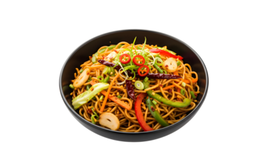 Chilli Garlic Hakka Noodles served in a black bowl against a white backdrop.