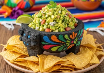 Freshly made guacamole in a traditional molcajete with tortilla chips and a lime wedge, served on a colorful mexican blanket