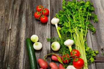 fresh vegetables at old wood background