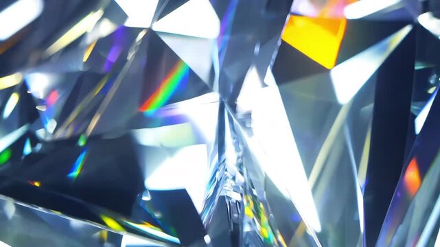 Extreme macro view of diamond surface facets, shifting light rhythmic sparkling rainbow refraction streaks screen, abstract rain of light futuristic luxury aesthetic, cinematic 4K