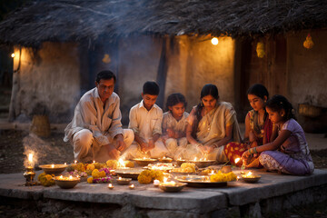 Family of six performing Lakshmi pooja with diyas and offerings.
