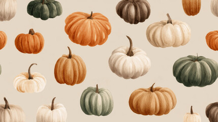 Pattern of pumpkins in in various autumn tones a hand-painted watercolor style on beige background. Cozy fall atmosphere. Generative AI