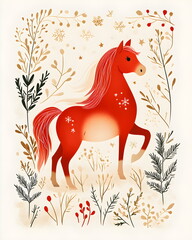Fiery red horse sticker symbolizing the New Year, with flowing mane and tail like soft flames, surrounded by snowflakes, pine twigs, and golden stars, warm festive tones of red, gold, and beige, cozy 