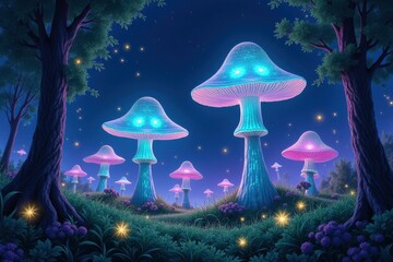 Enchanted Forest Glowing Mushrooms Under Starlit Sky