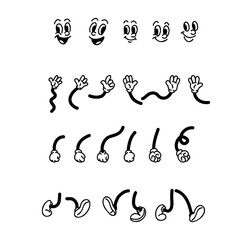 Cartoon character elements. Doodle vintage mascot hands, legs and faces. Showing simple happy emotions and gestures. Cute clipart expression. Vector comic isolated illustration