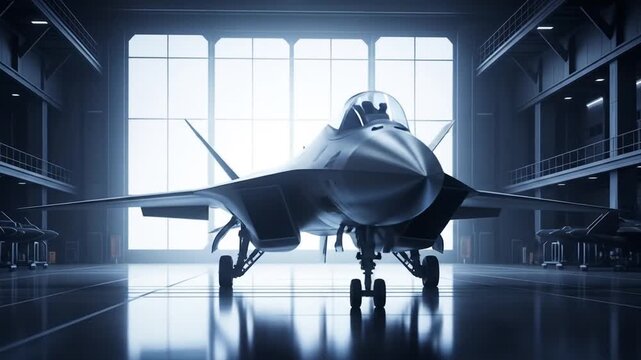 Futuristic aviation hangar showcasing sleek fighter jets in a modern aircraft facility