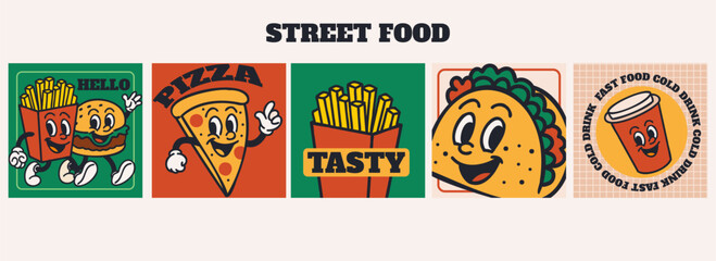 Fast food cards. Vintage mascot. Pizza, funny burger and hot dog. Taco Mexican, sweet muffin and ice cream. French fries snack. Square posters or post. Vector cartoon flat style isolated set